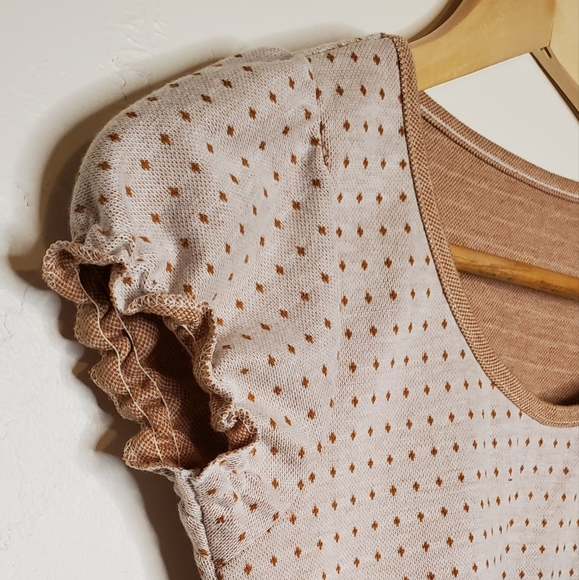 Beige Patterned Dotty Print Top with Ruffled Cap Sleeves - Picture 5 of 9